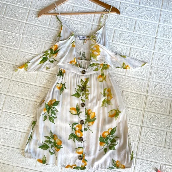 White Lemon Print Tie Front Noodle Strap A-line Mini Dress - Picture 15 of 16